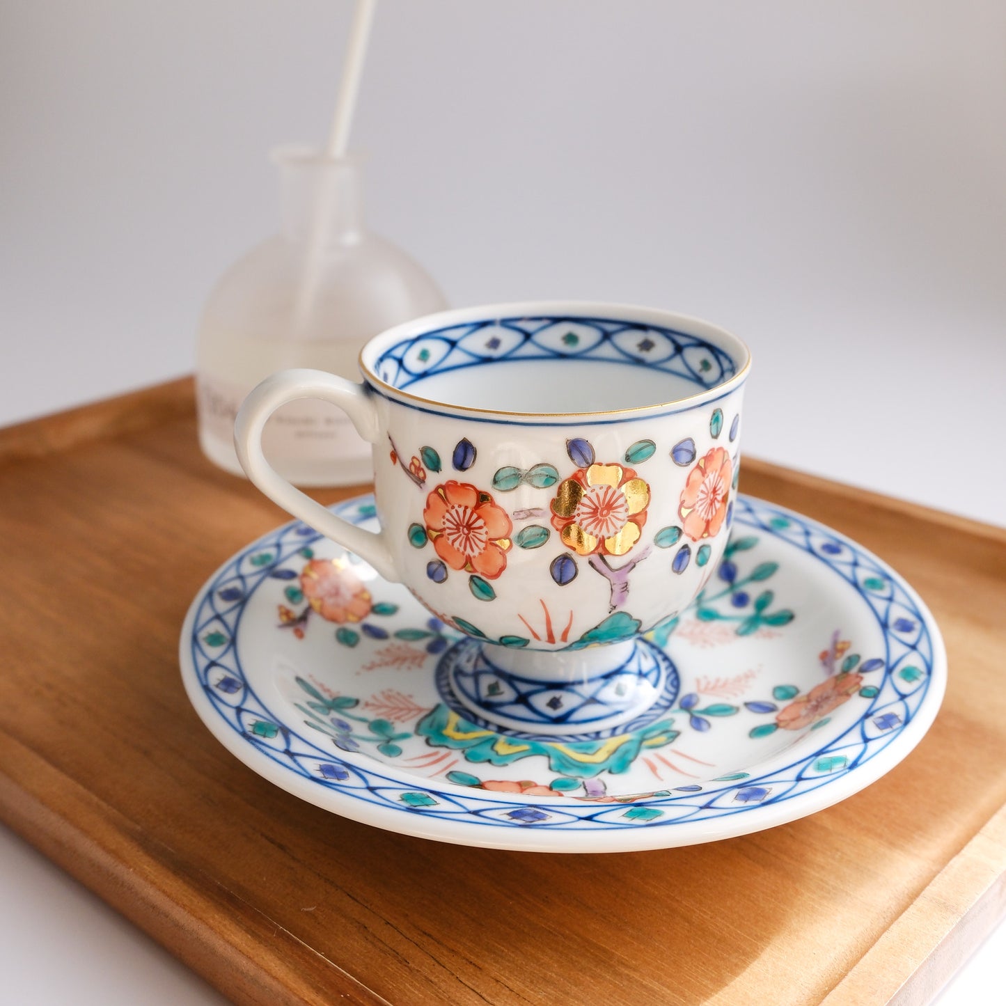 Hasami Ware Hand Painted Coffee Cup and Saucer 180ml - Gold Plum