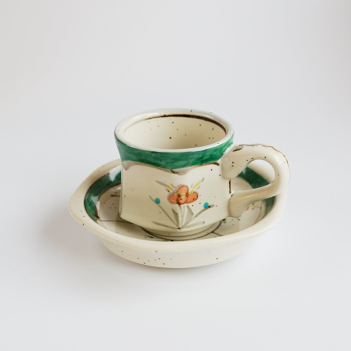 Arita Ware Hand Painted Hexagonal Floral Cup and Saucer 100ml - Green