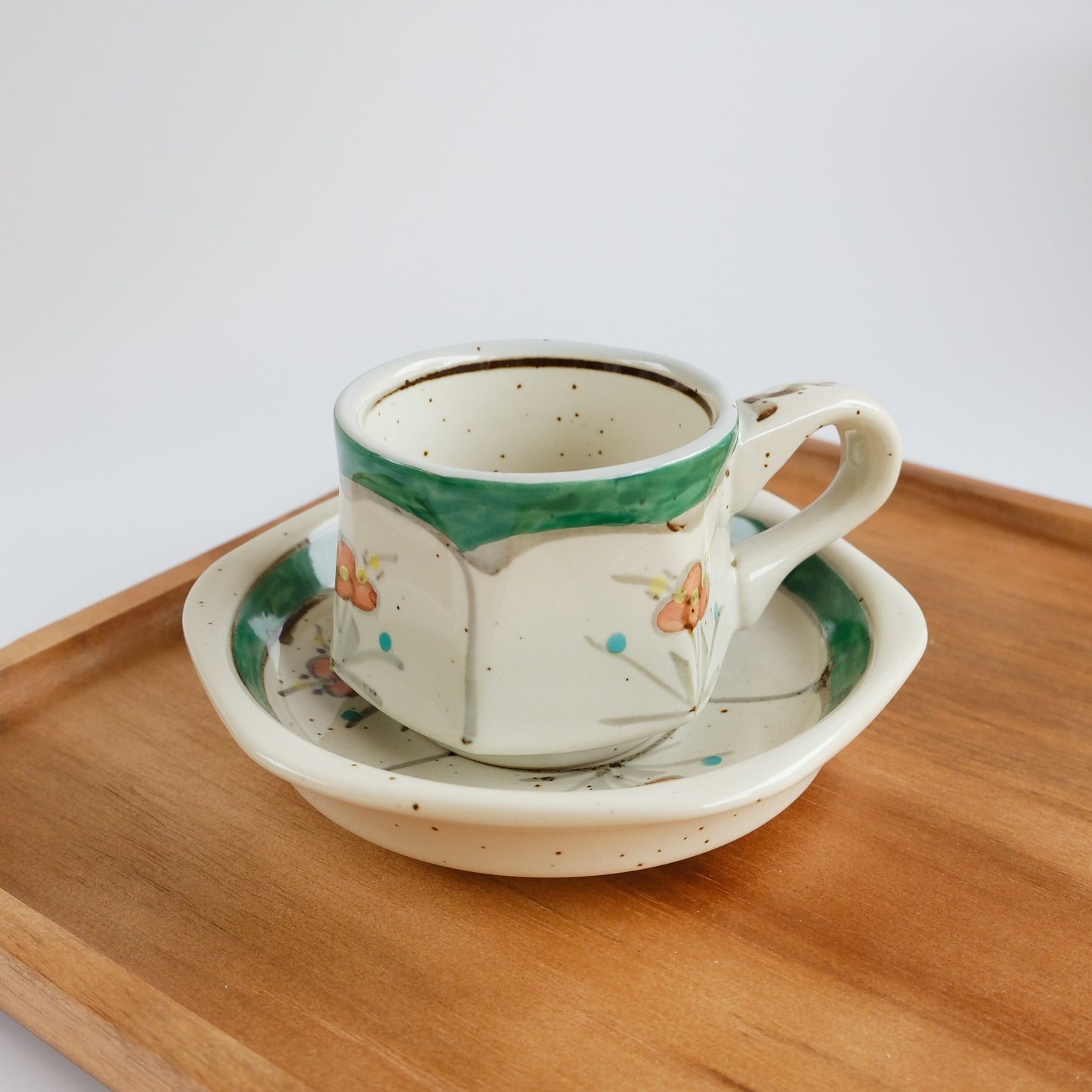 Arita Ware Hand Painted Hexagonal Floral Cup and Saucer 100ml - Green