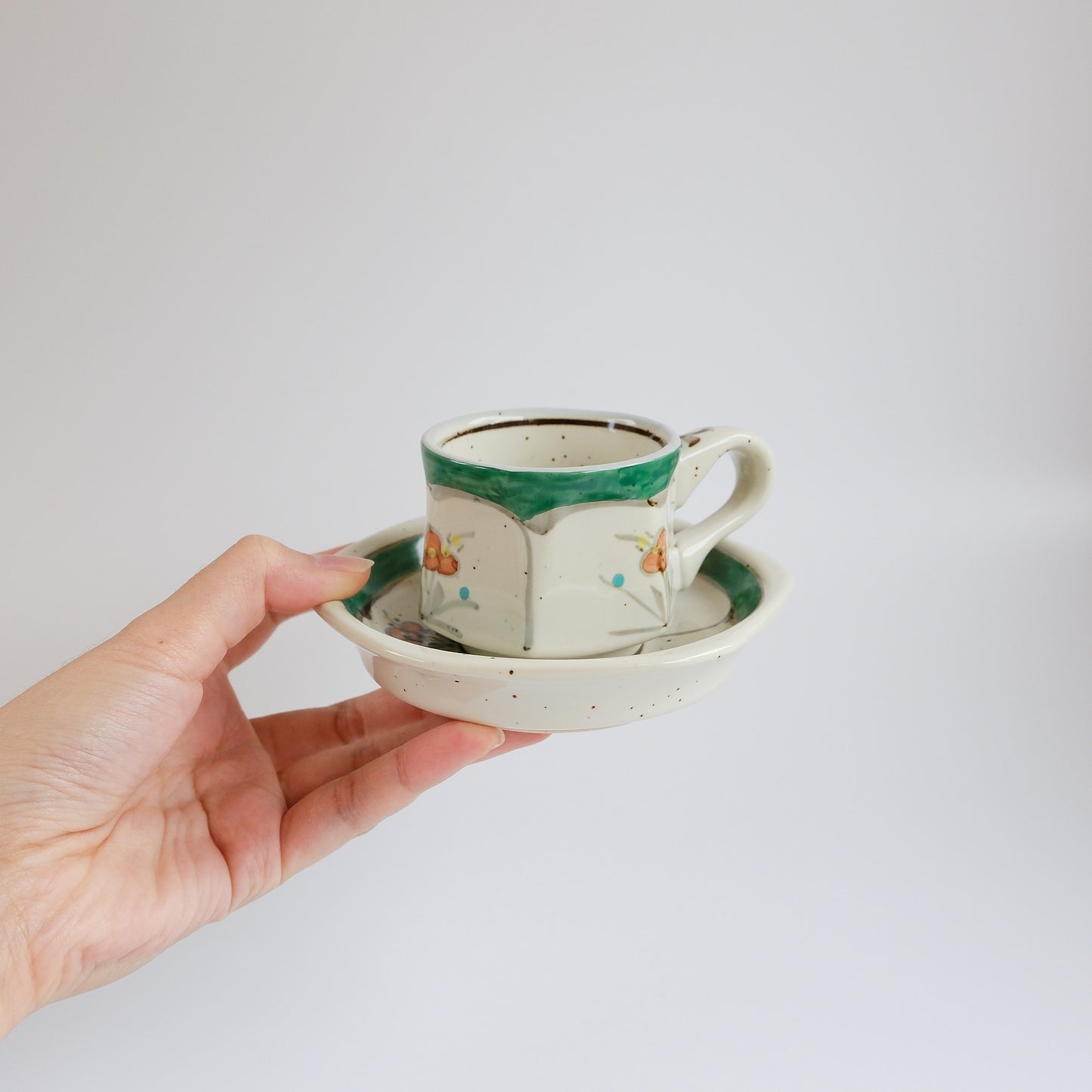 Arita Ware Hand Painted Hexagonal Floral Cup and Saucer 100ml - Green