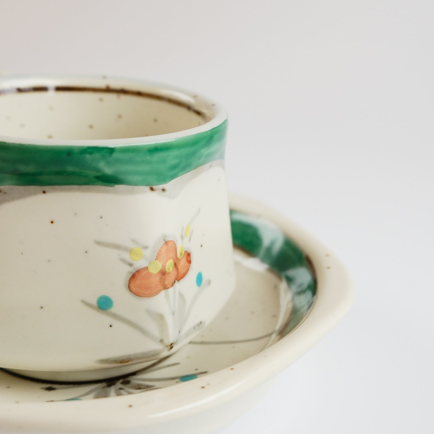 Arita Ware Hand Painted Hexagonal Floral Cup and Saucer 100ml - Green