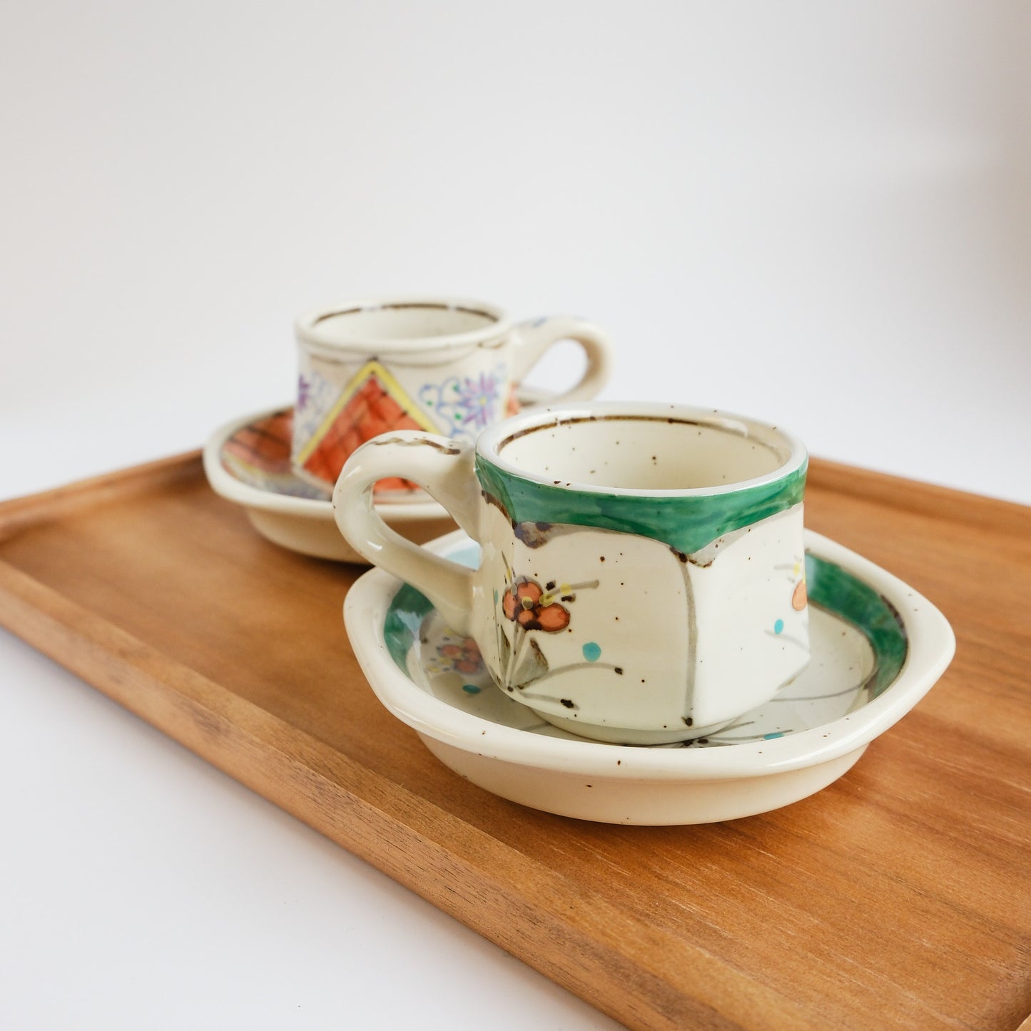 Arita Ware Hand Painted Hexagonal Floral Cup and Saucer 100ml - Green