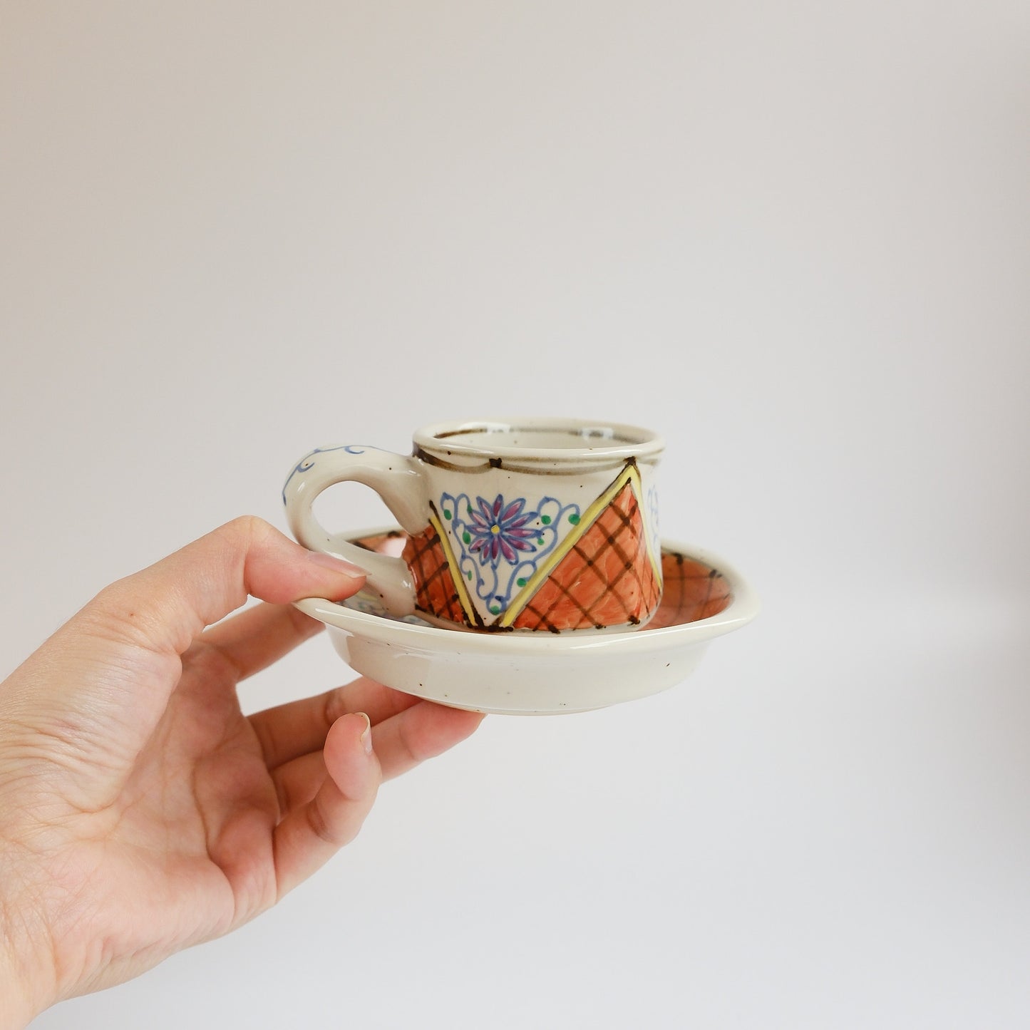 Arita Ware Hand Painted Hexagonal Floral Cup and Saucer 100ml - Orange