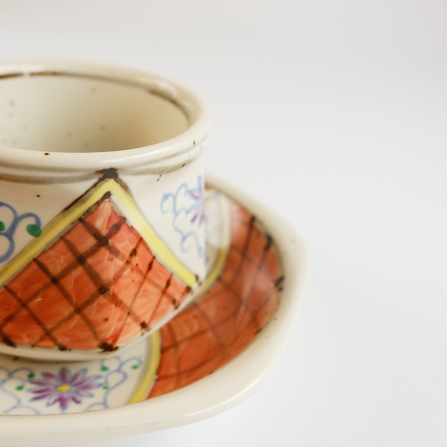 Arita Ware Hand Painted Hexagonal Floral Cup and Saucer 100ml - Orange