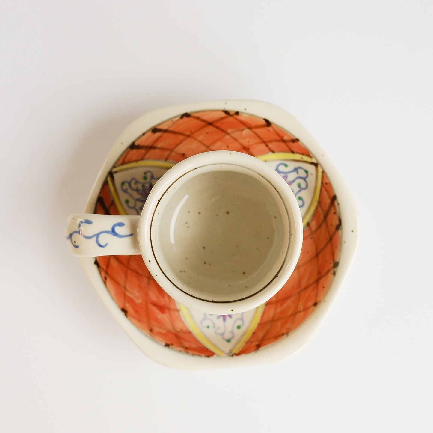Arita Ware Hand Painted Hexagonal Floral Cup and Saucer 100ml - Orange