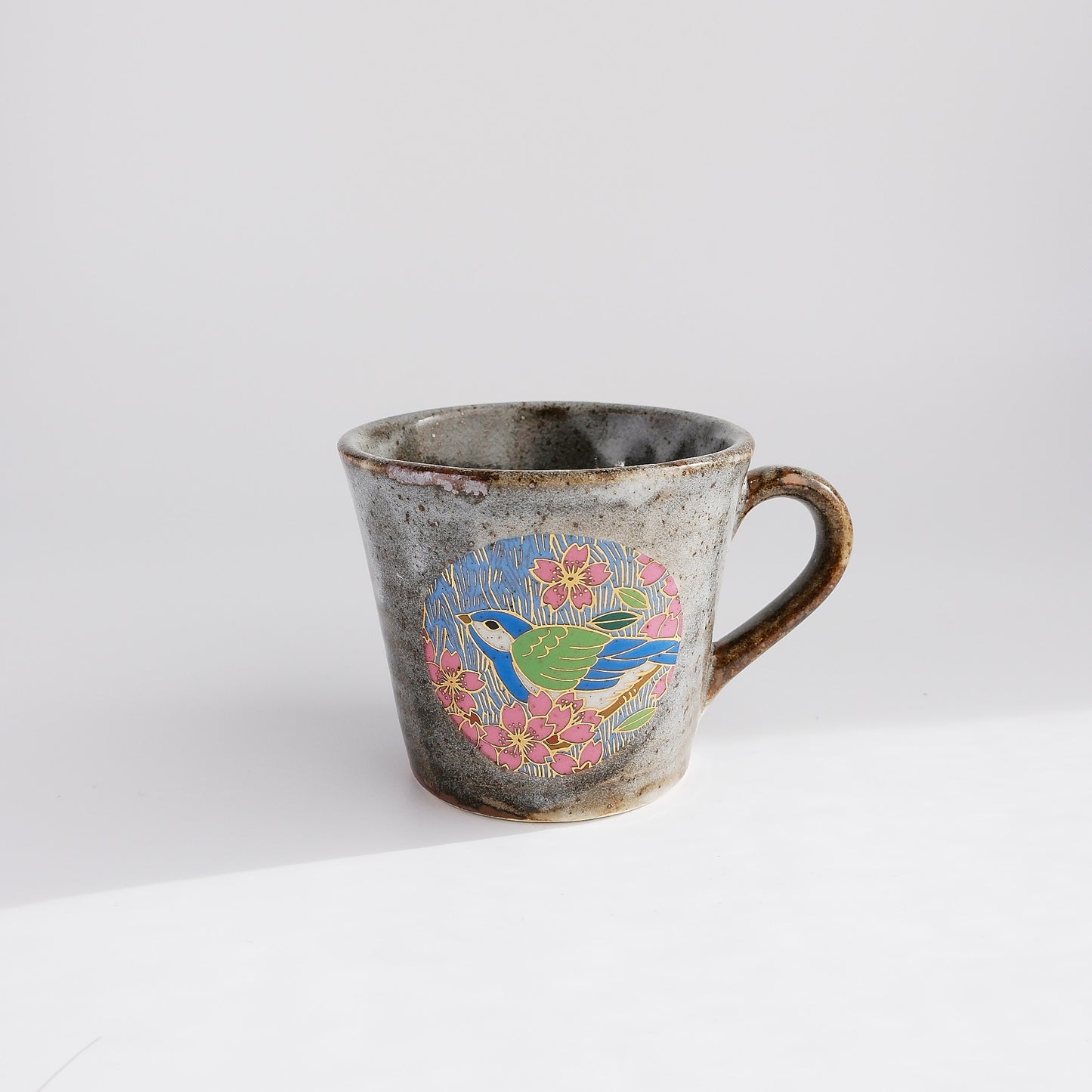 Kutani Ware Japanese Mug Cup - Gold Spring Cherry Bird