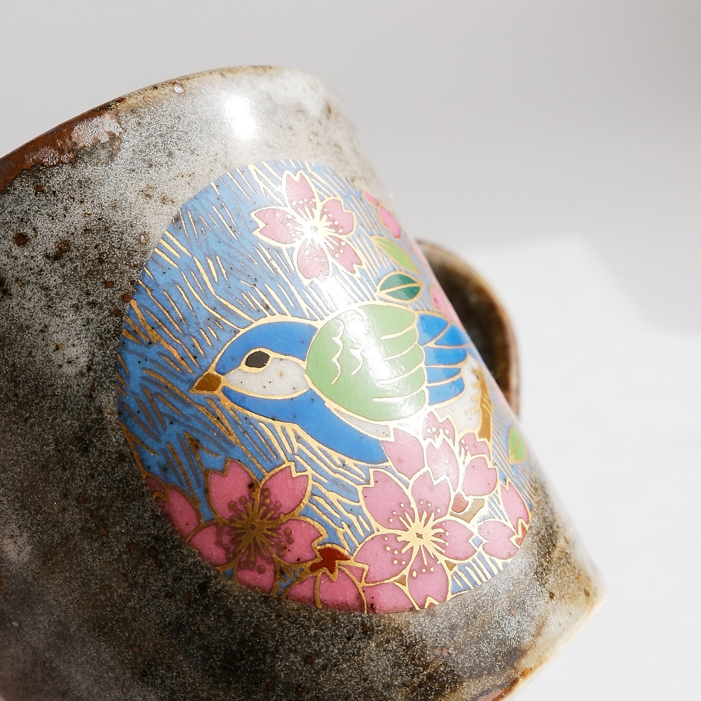 Kutani Ware Japanese Mug Cup - Gold Spring Cherry Bird