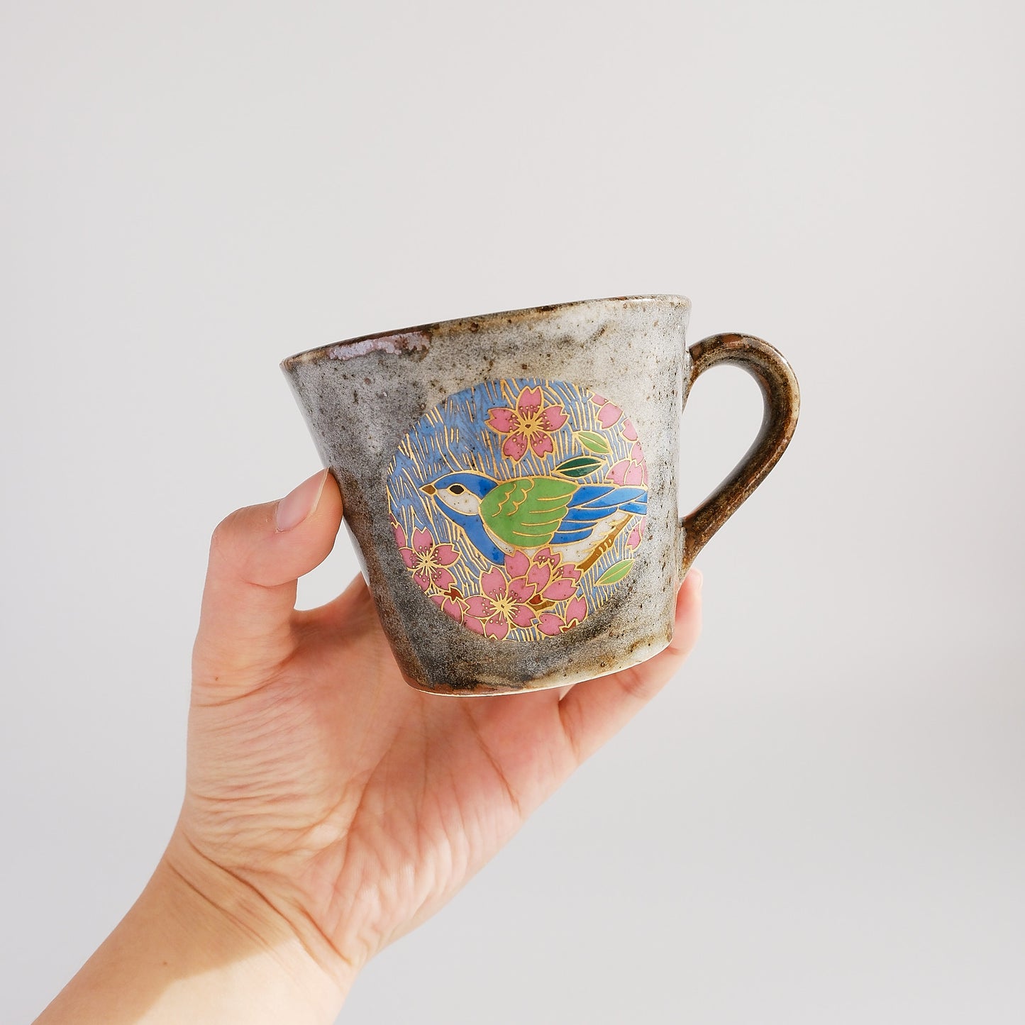 Kutani Ware Japanese Mug Cup - Gold Spring Cherry Bird