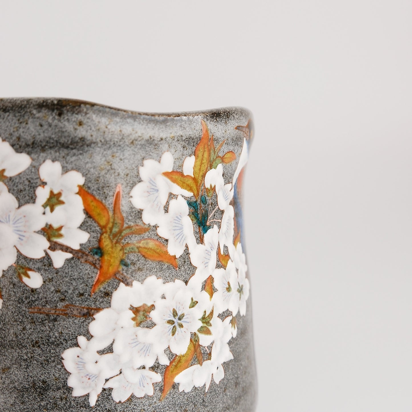 Kutani Ware Japanese Yunomi Tea Cup - Grey Yoshidaya Cherry Bird