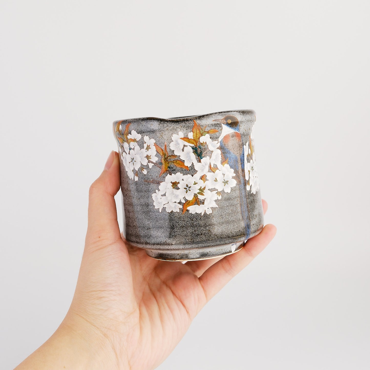 Kutani Ware Japanese Yunomi Tea Cup - Grey Yoshidaya Cherry Bird