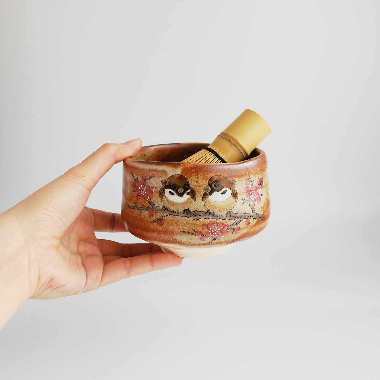 Kutani Ware Matcha Bowl - Sparrow in Spring