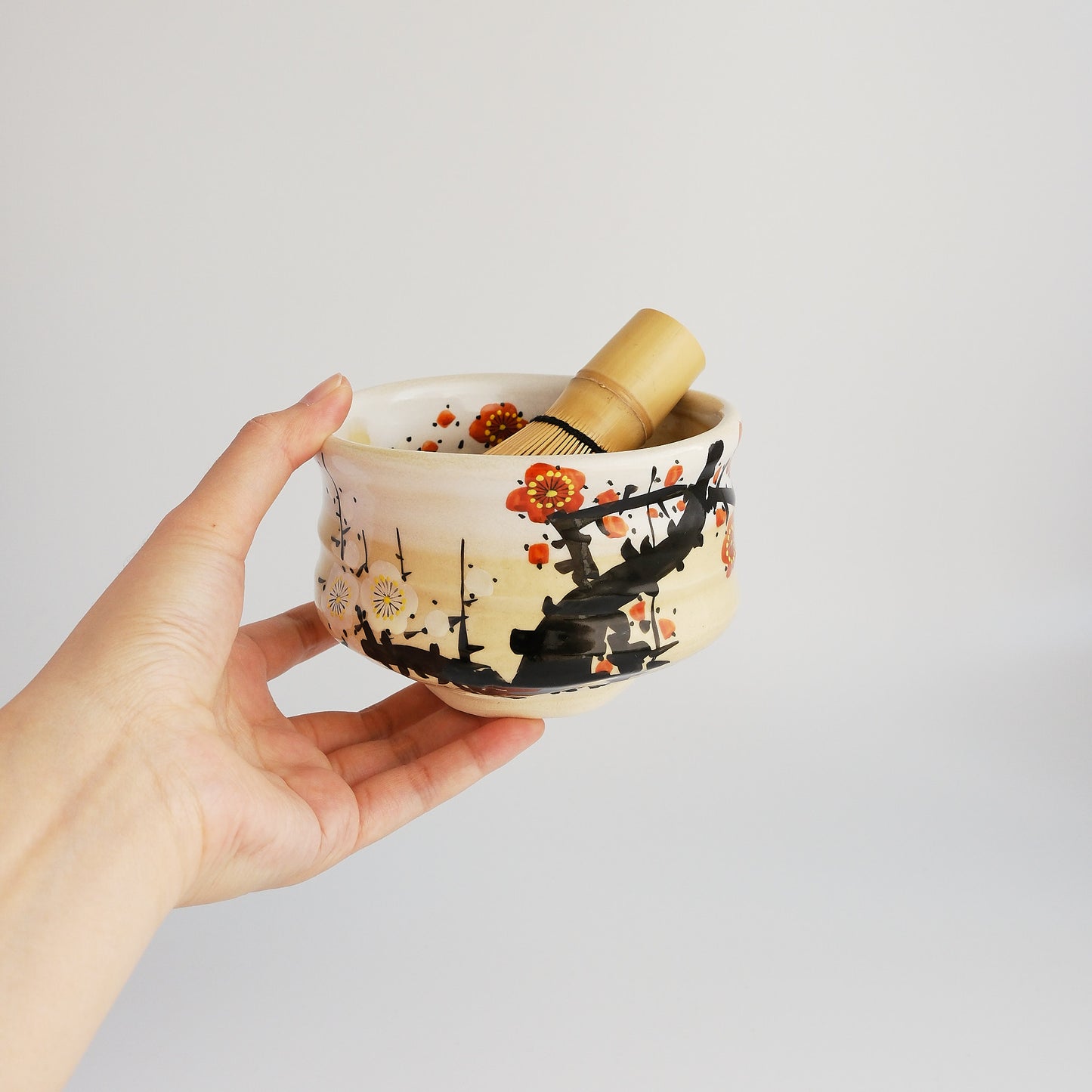 Kutani Ware Matcha Bowl - Red and White Plum Ume