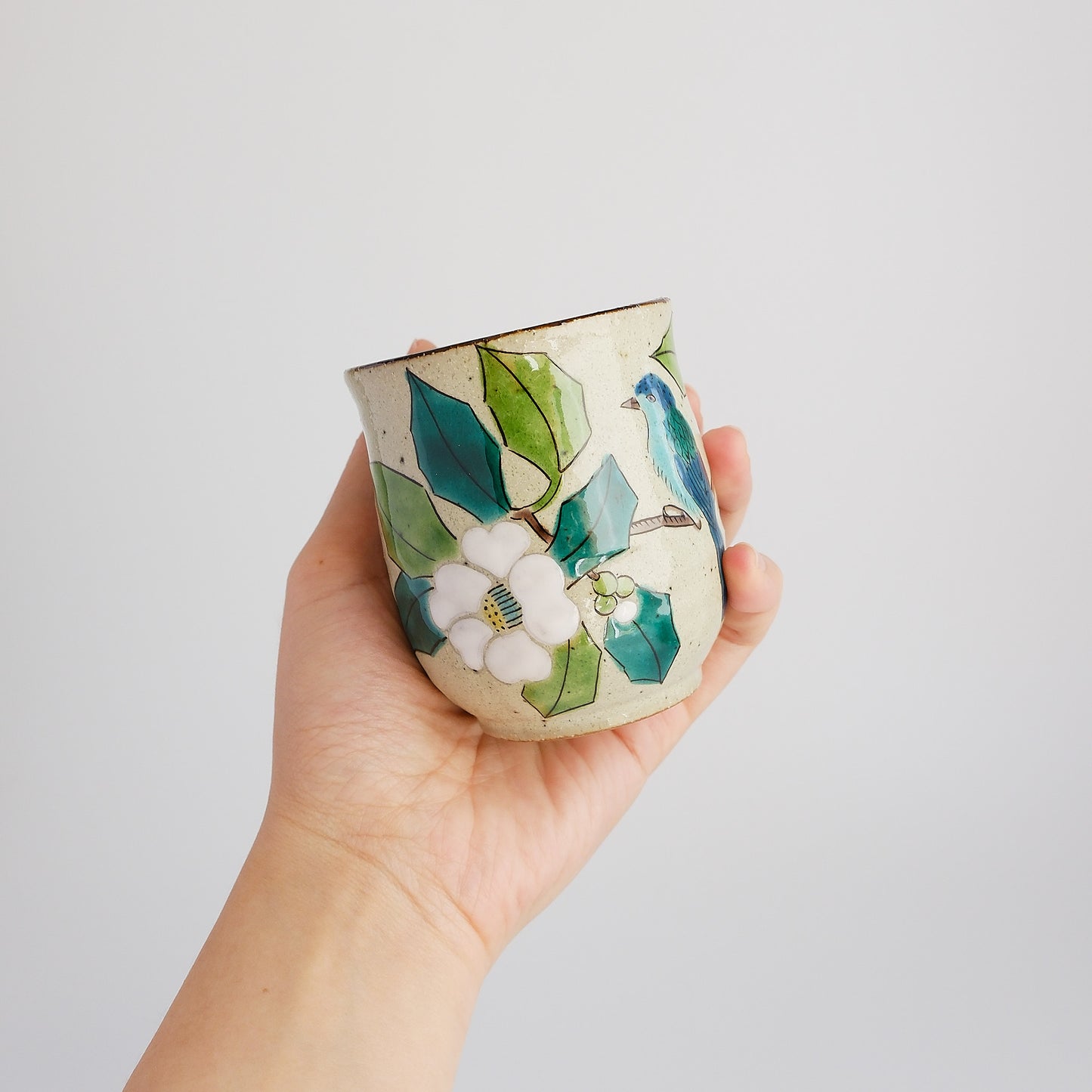 Kutani Ware Japanese Yunomi Tea Cup - White Camellia Bird