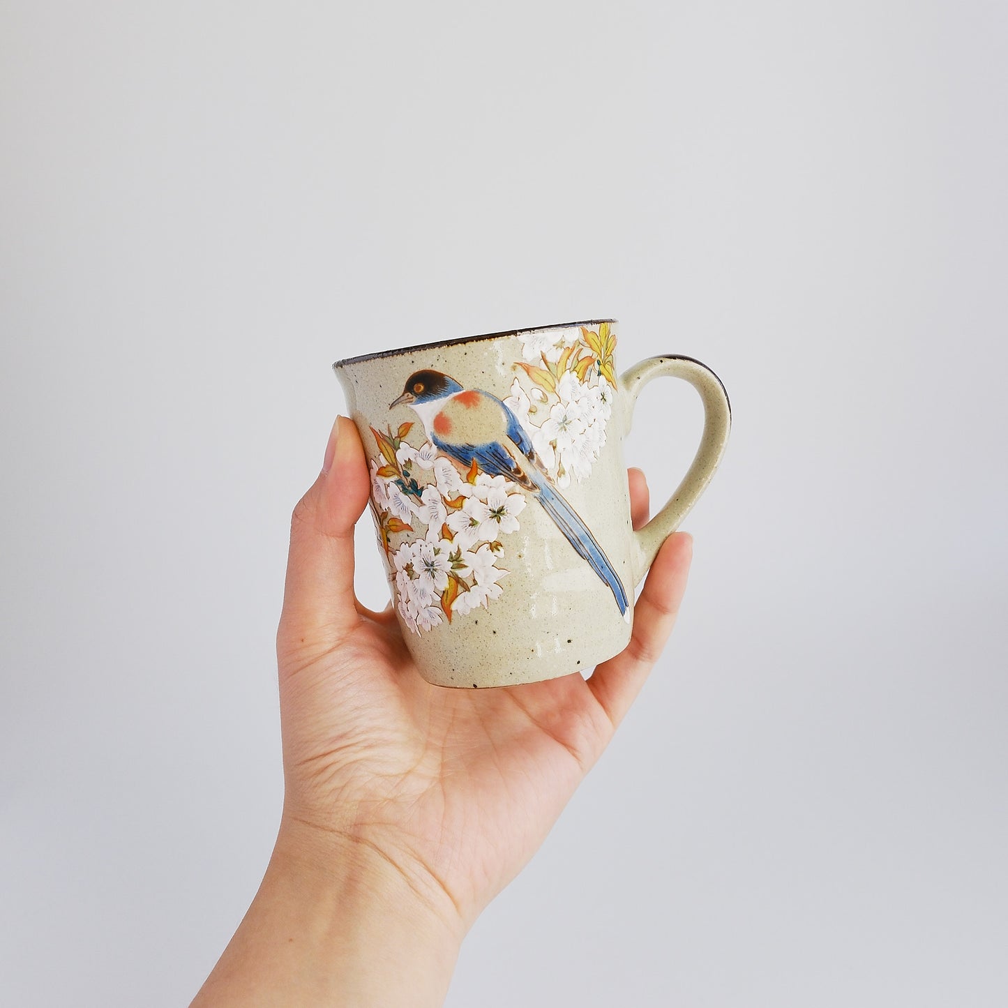 Kutani Ware Japanese Mug Cup - Yoshidaya Cherry Bird