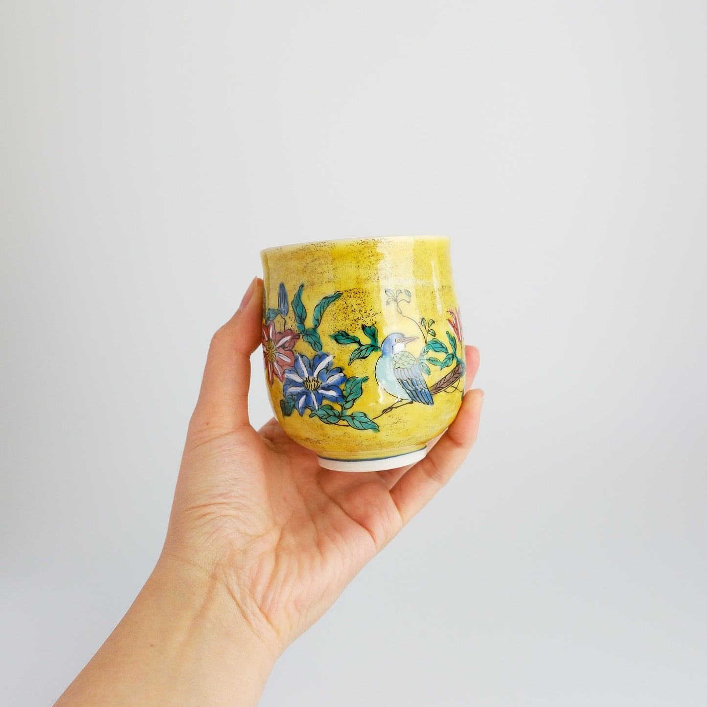 Kutani Ware Japanese Yunomi Tea Cup - Yellow Yoshidaya Bird