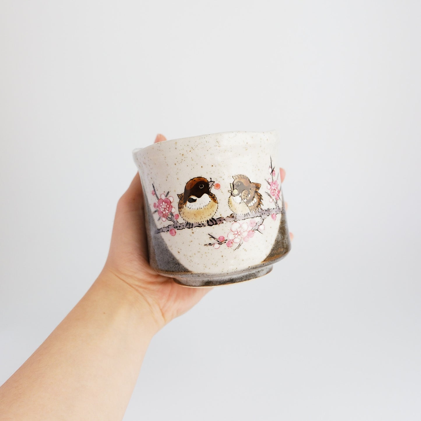 Kutani Ware Japanese Yunomi Tea Cup - Love Sparrow in Spring