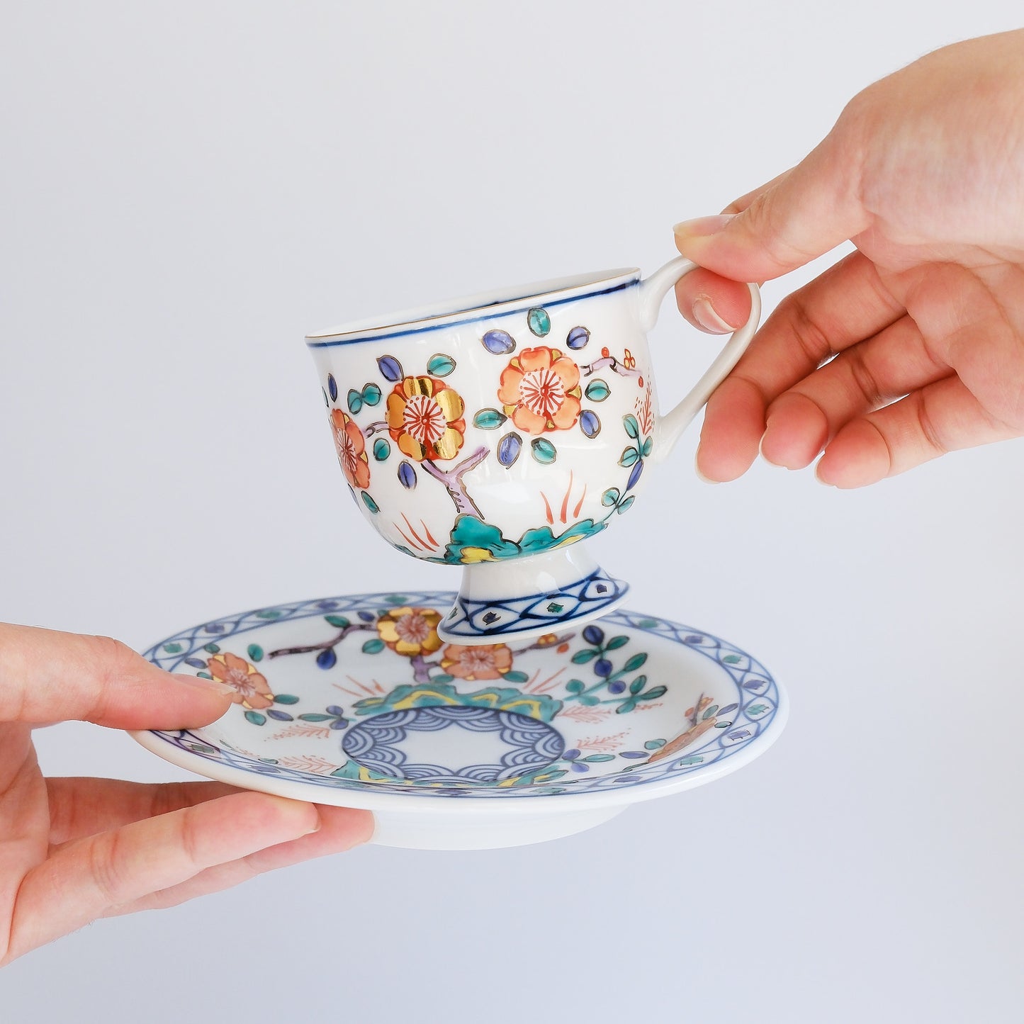 Hasami Ware Hand Painted Coffee Cup and Saucer 180ml - Gold Plum
