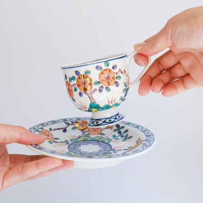 Hasami Ware Hand Painted Coffee Cup and Saucer 180ml - Gold Plum