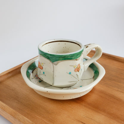 Arita Ware Hand Painted Hexagonal Floral Cup and Saucer 100ml - Green