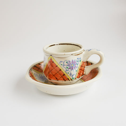 Arita Ware Hand Painted Hexagonal Floral Cup and Saucer 100ml - Orange