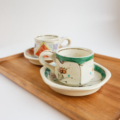 Arita Ware Hand Painted Hexagonal Floral Cup and Saucer 100ml - Green