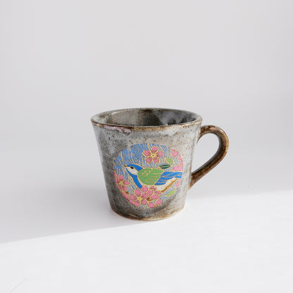 Kutani Ware Japanese Mug Cup - Gold Spring Cherry Bird