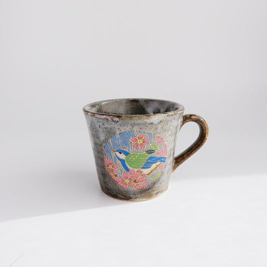 Kutani Ware Japanese Mug Cup - Gold Spring Cherry Bird