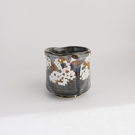 Kutani Ware Japanese Yunomi Tea Cup - Grey Yoshidaya Cherry Bird