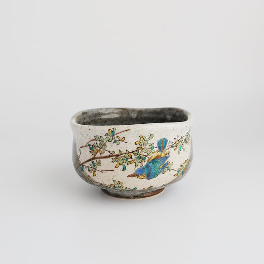 Kutani Ware Matcha Bowl - Kawasemi Kingfisher Bird