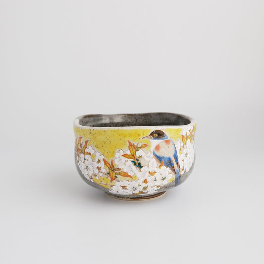 Kutani Ware Matcha Bowl - Yoshidaya Cherry Bird