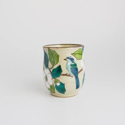 Kutani Ware Japanese Yunomi Tea Cup - White Camellia Bird