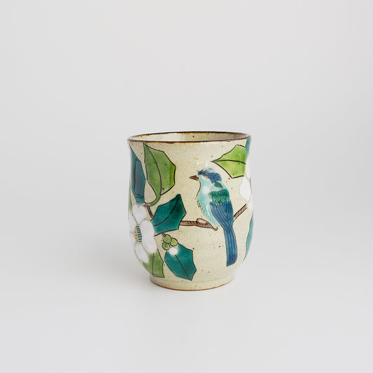 Kutani Ware Japanese Yunomi Tea Cup - White Camellia Bird
