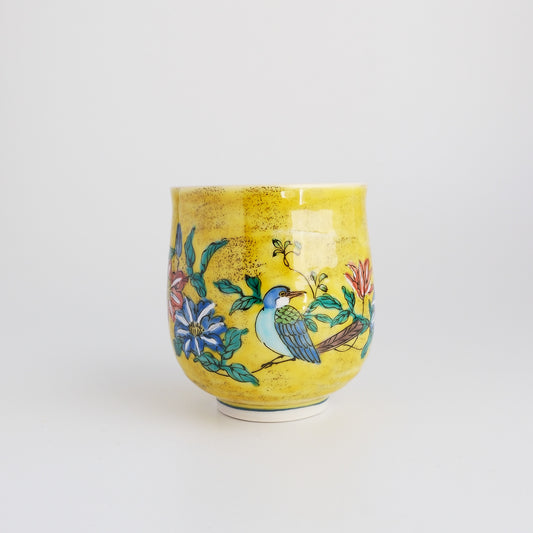 Kutani Ware Japanese Yunomi Tea Cup - Yellow Yoshidaya Bird