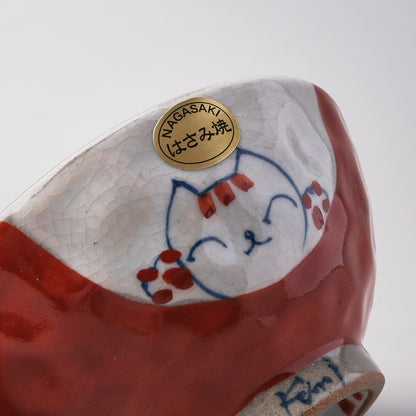 Hasami Ware Hand Painted RIce Bowl - Red Happy Cat