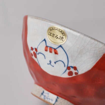 Hasami Ware Hand Painted RIce Bowl - Red Happy Cat