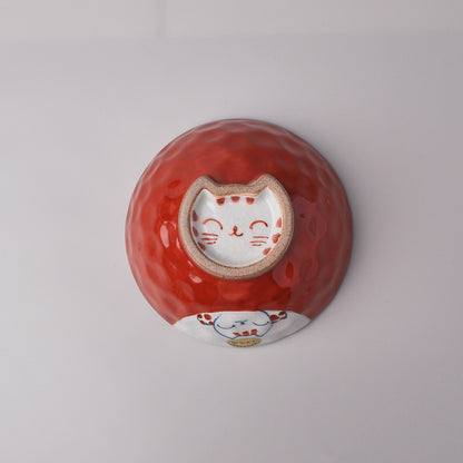 Hasami Ware Hand Painted RIce Bowl - Red Happy Cat
