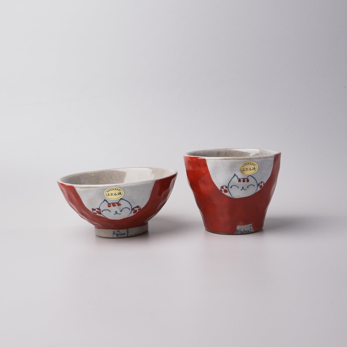 Hasami Ware Hand Painted RIce Bowl - Red Happy Cat