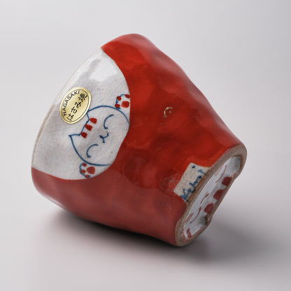 Hasami Ware Hand Painted Tea Cup - Red Happy Cat