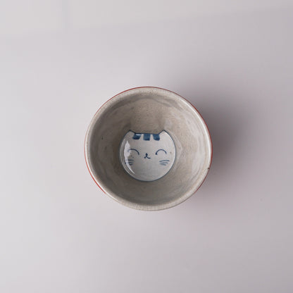 Hasami Ware Hand Painted Tea Cup - Red Happy Cat