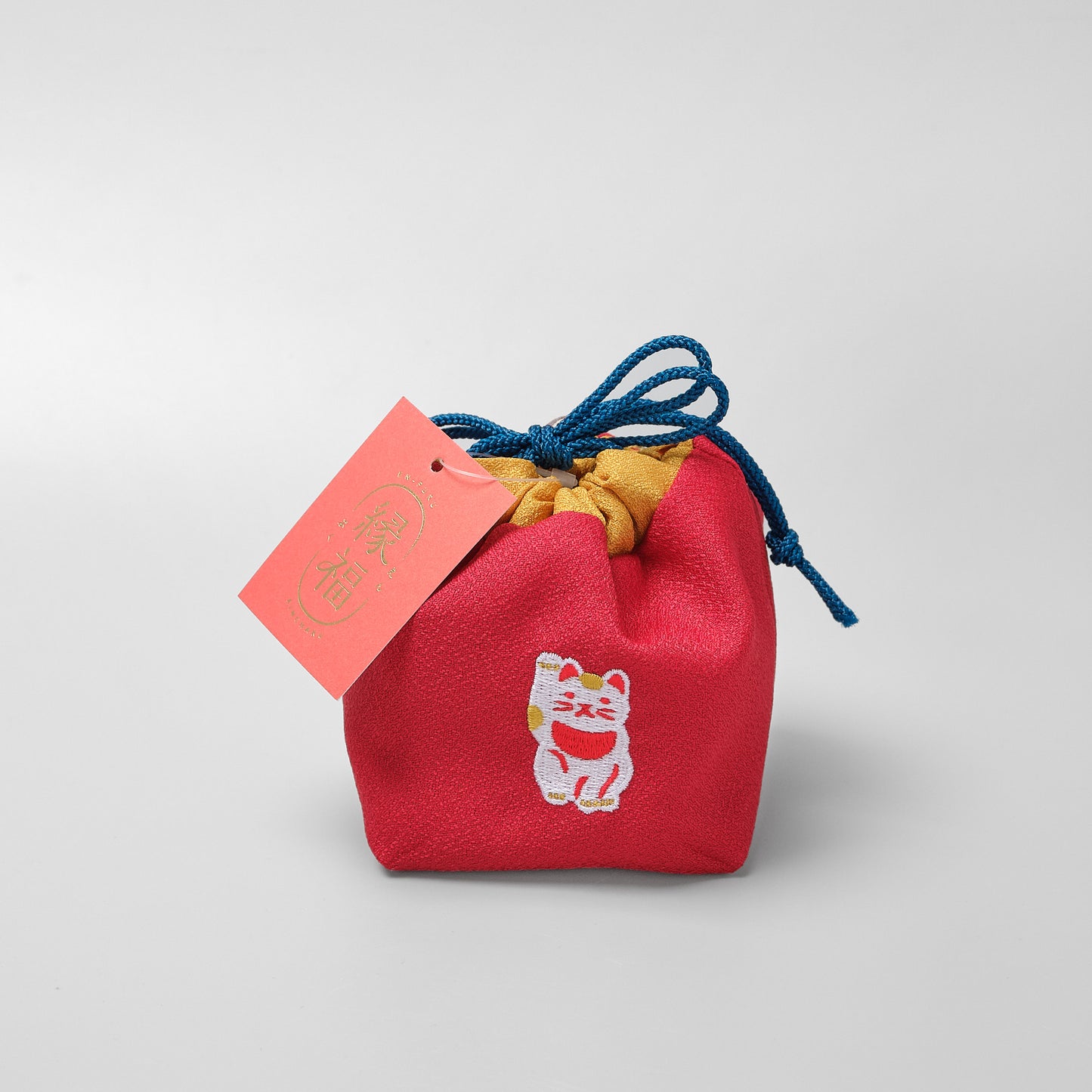 Japanese Enfuku Kinchaku Drawstring Pouch - Beckoning Cat