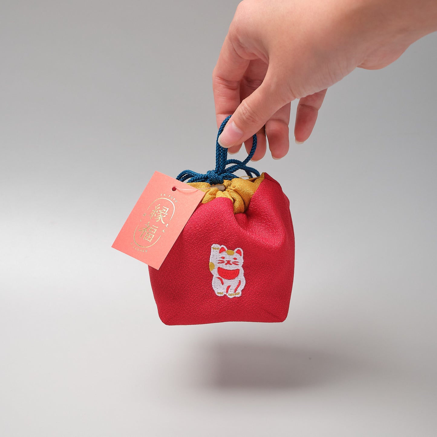 Japanese Enfuku Kinchaku Drawstring Pouch - Beckoning Cat