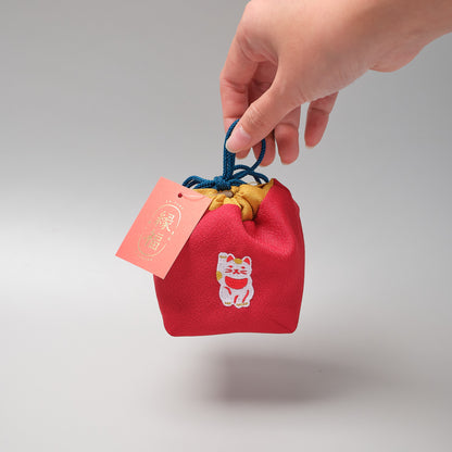 Japanese Enfuku Kinchaku Drawstring Pouch - Beckoning Cat
