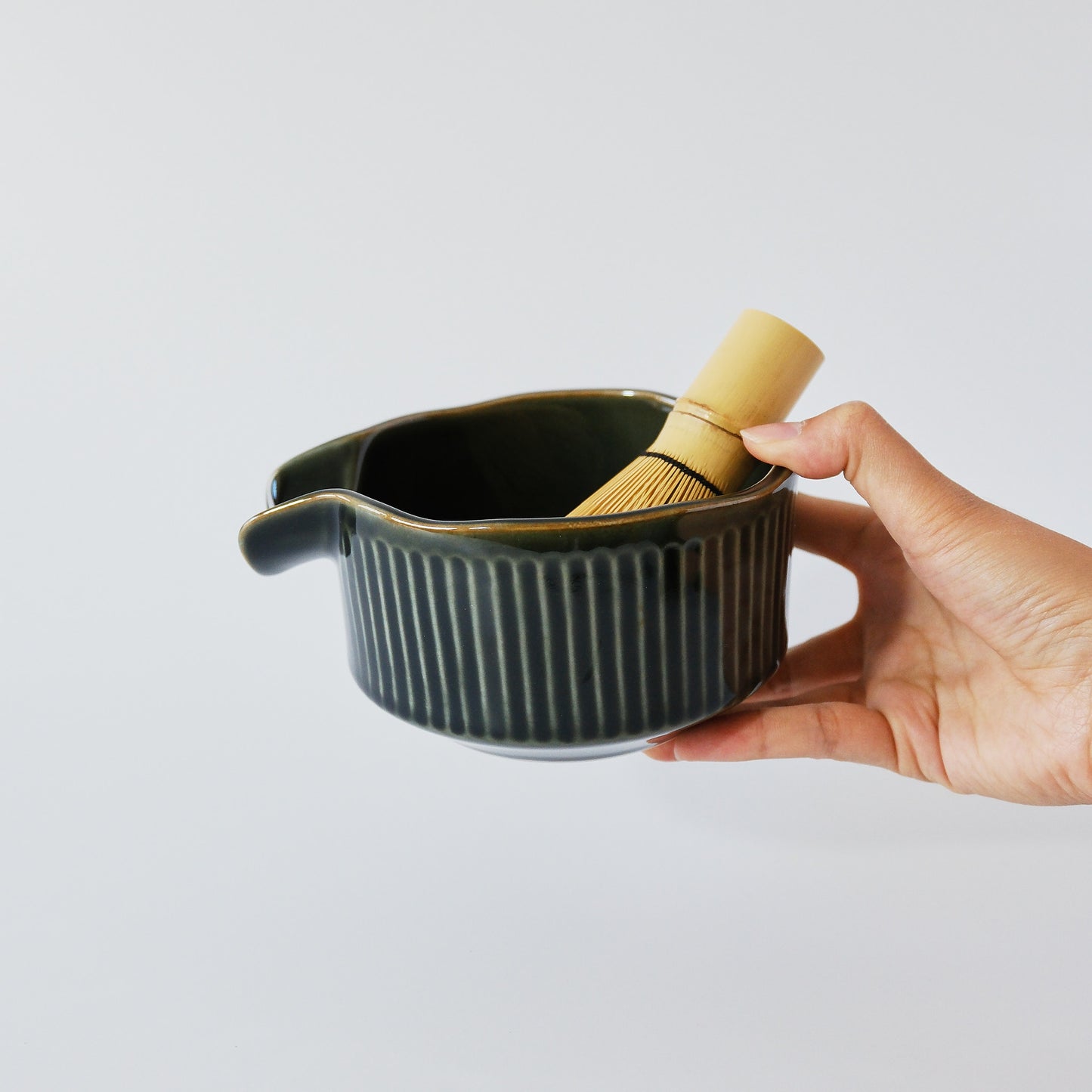Matcha Bowl with Spout - Carved Oribe by Mizuno