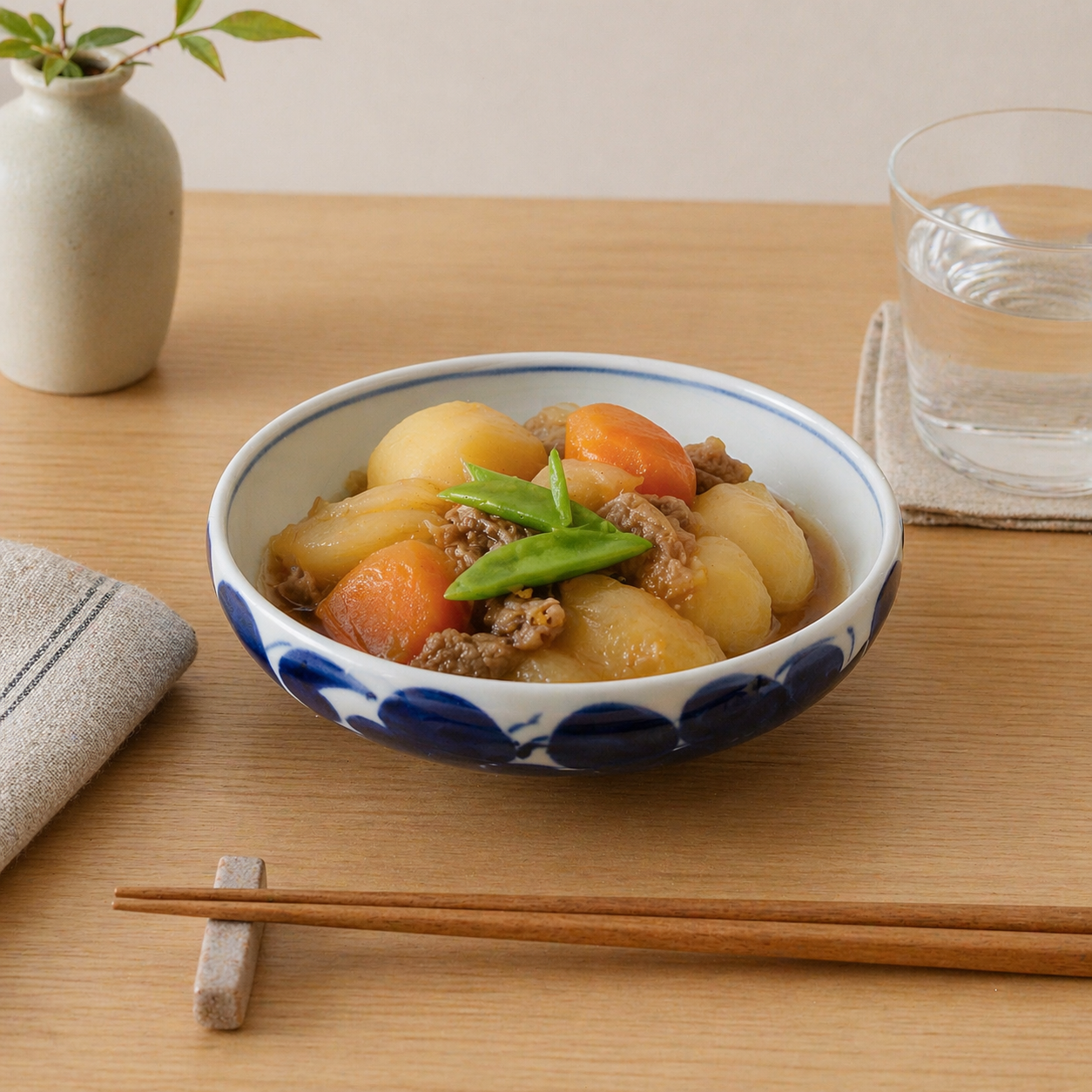 Bowl of stew with vegetables and meat on a wooden table with chopsticks and a glass of water.