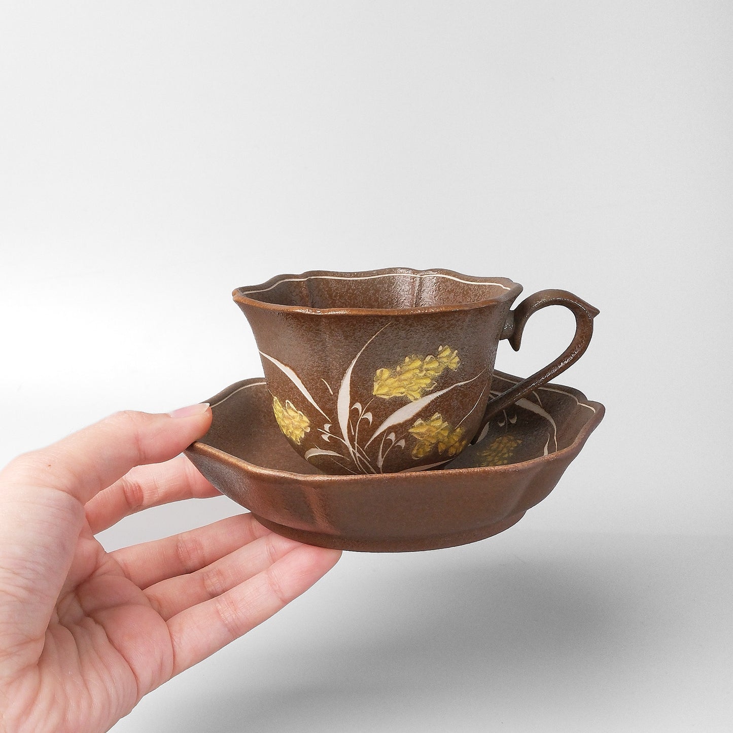Yakishime Arita Ware Coffee Cup & Saucer - Dark Brown Wheat