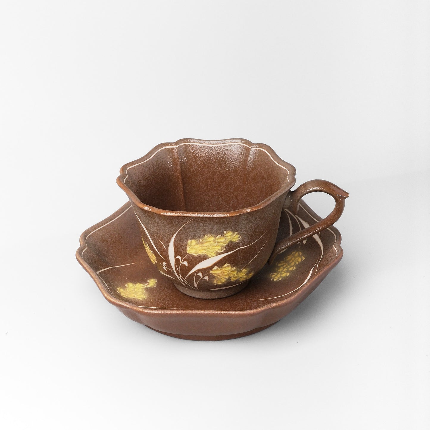 Yakishime Arita Ware Coffee Cup & Saucer - Dark Brown Wheat