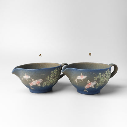 Yakishime Arita Ware Matcha Bowl with Spout and Handle - Koi