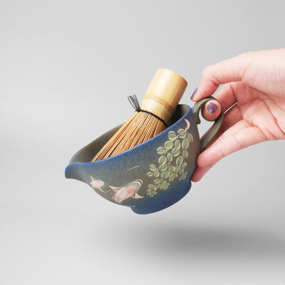 Yakishime Arita Ware Matcha Bowl with Spout and Handle - Koi