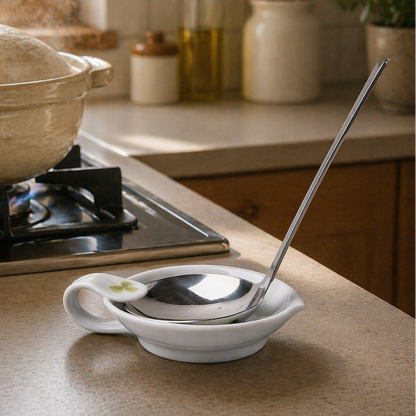Spoon in a white ceramic holder on a kitchen counter with a pot on the stove in the background.