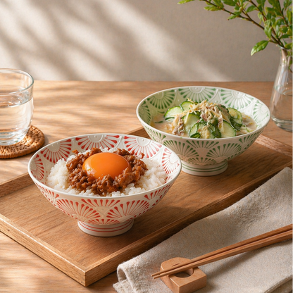 Two bowls of food on a wooden tray with chopsticks and a glass of water.
